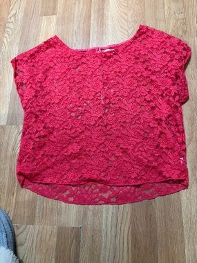 Aerie Red Floral Lace Sheer Short Sleeve Boxy Crop Top XL